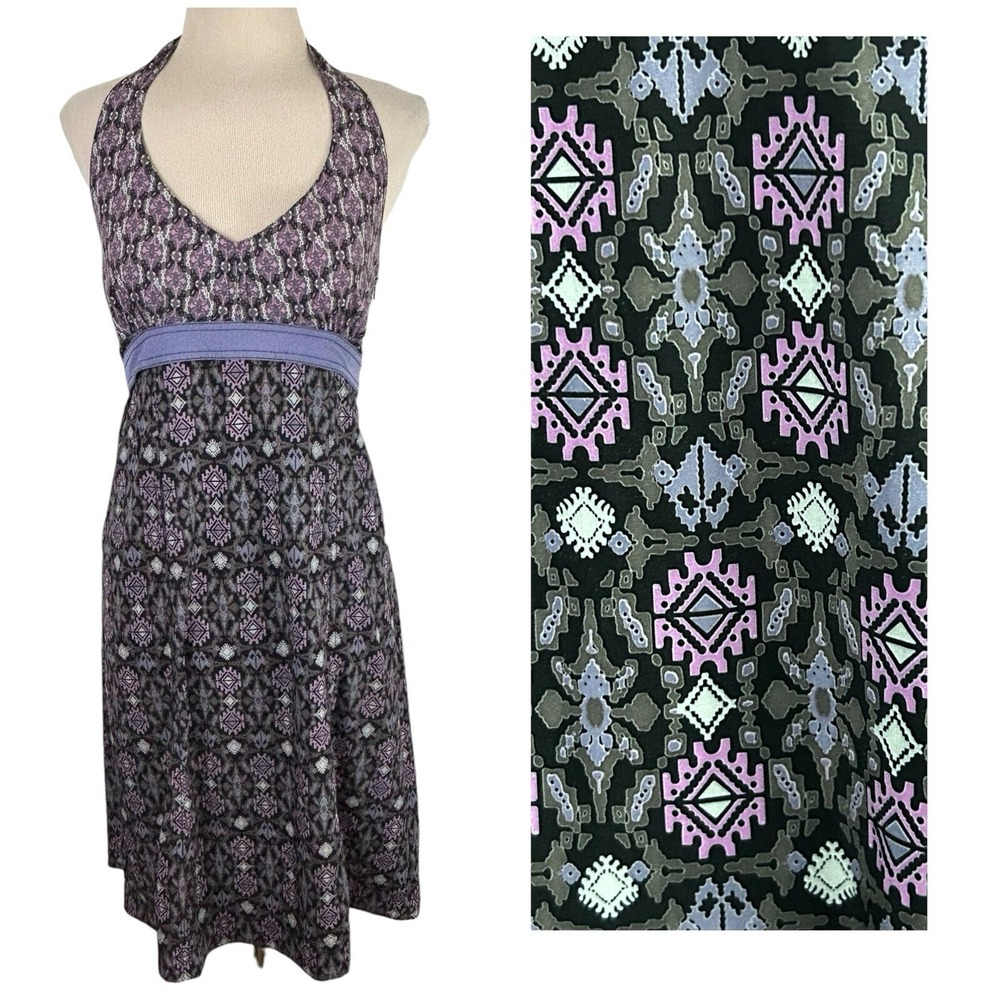 ATHLETA Everywear Halter DRESS Purple Gray 2 Smocked Athleisure Athletic Print